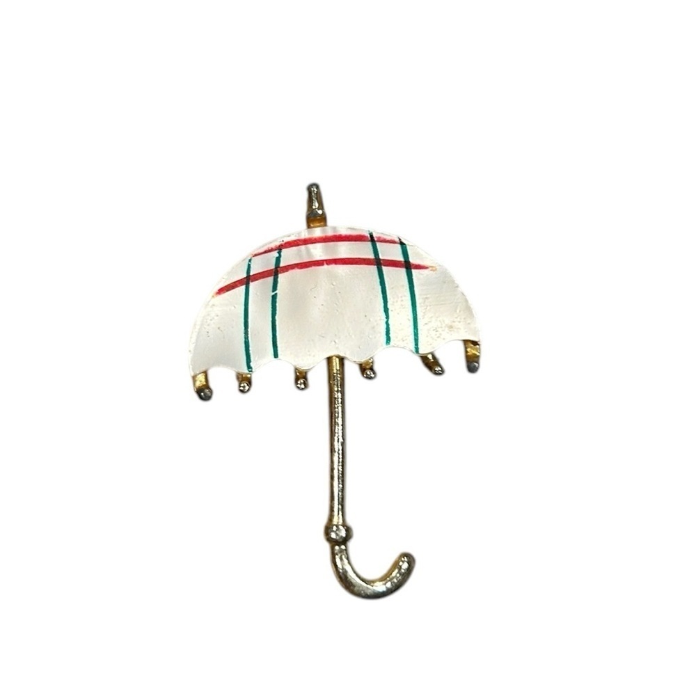 Vintage Mother Of Pearl Umbrella Brooch Pin Plaid White Lapel 2"